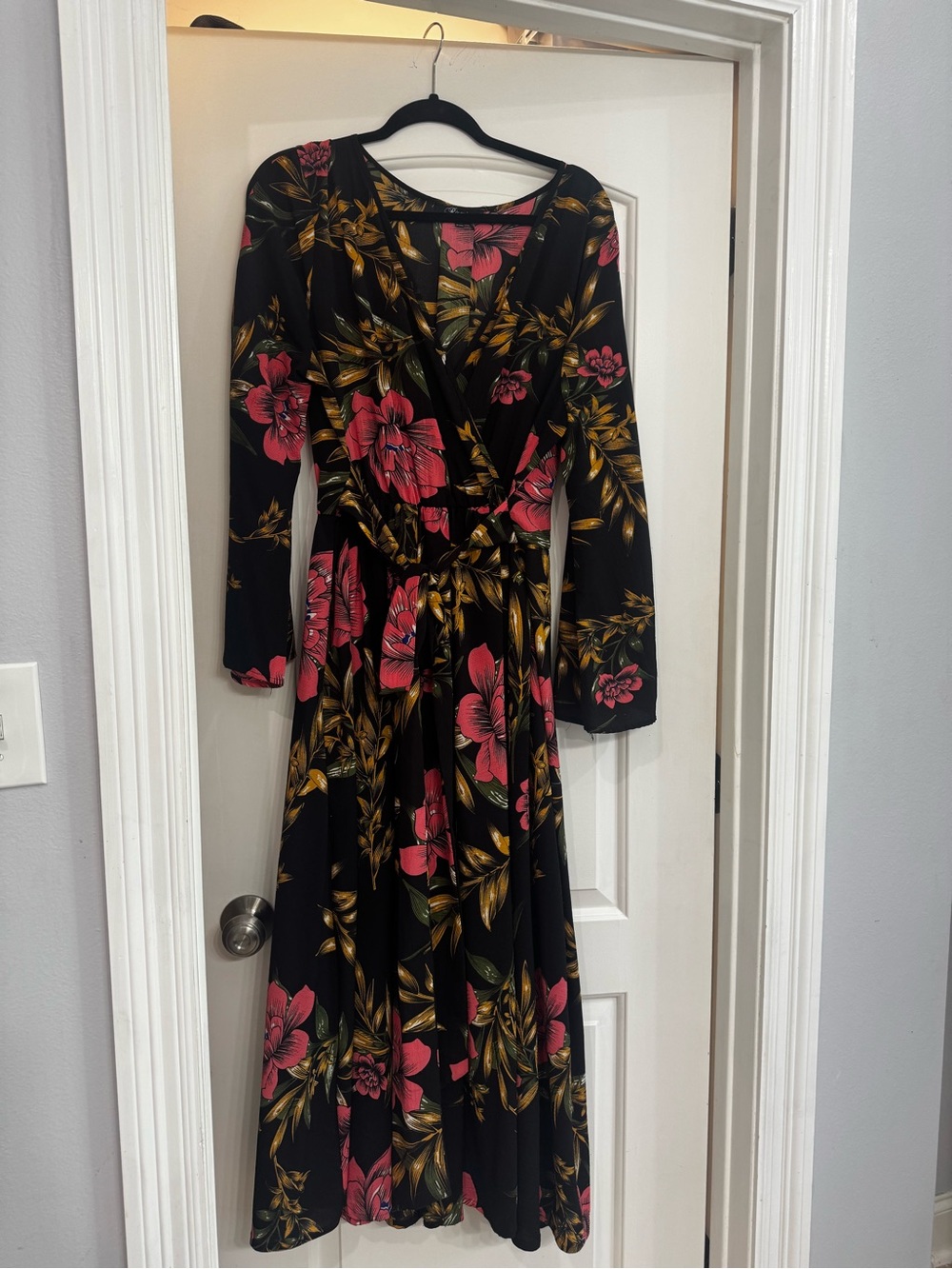 Floral Wrap Maxi Dress in Black with Pink and Gold Print